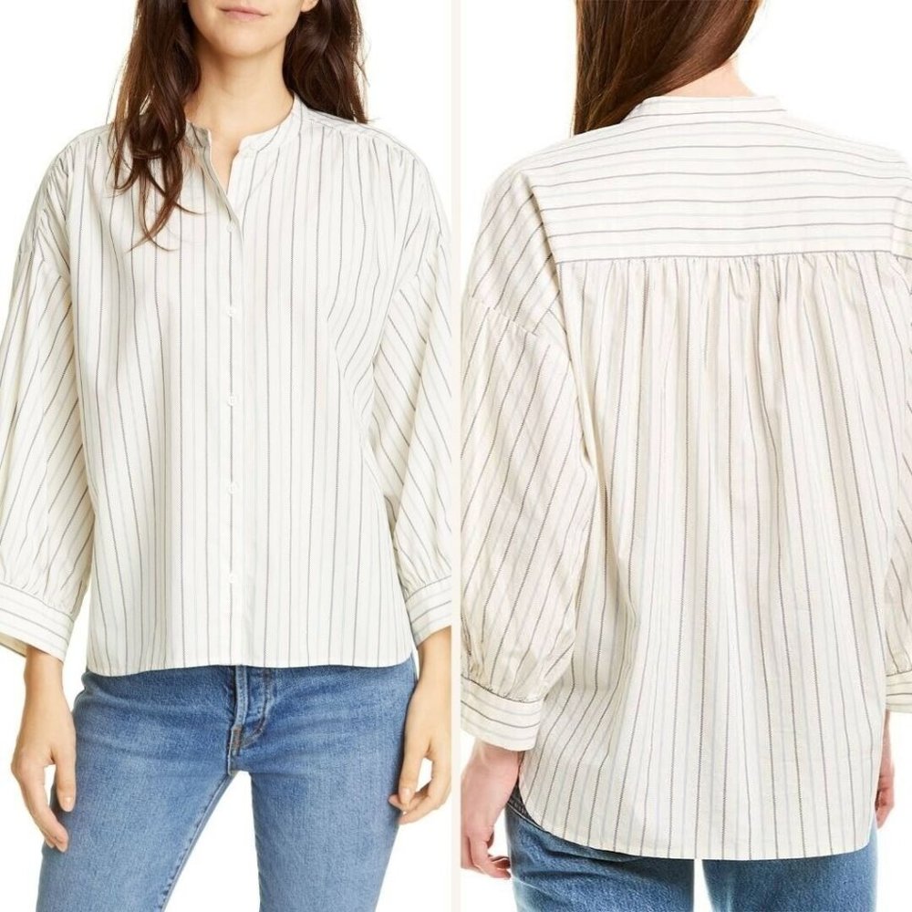 Joie Yoella Striped Button Up Top Blouse Band Collar Puff Balloon Sleeve sz Sm